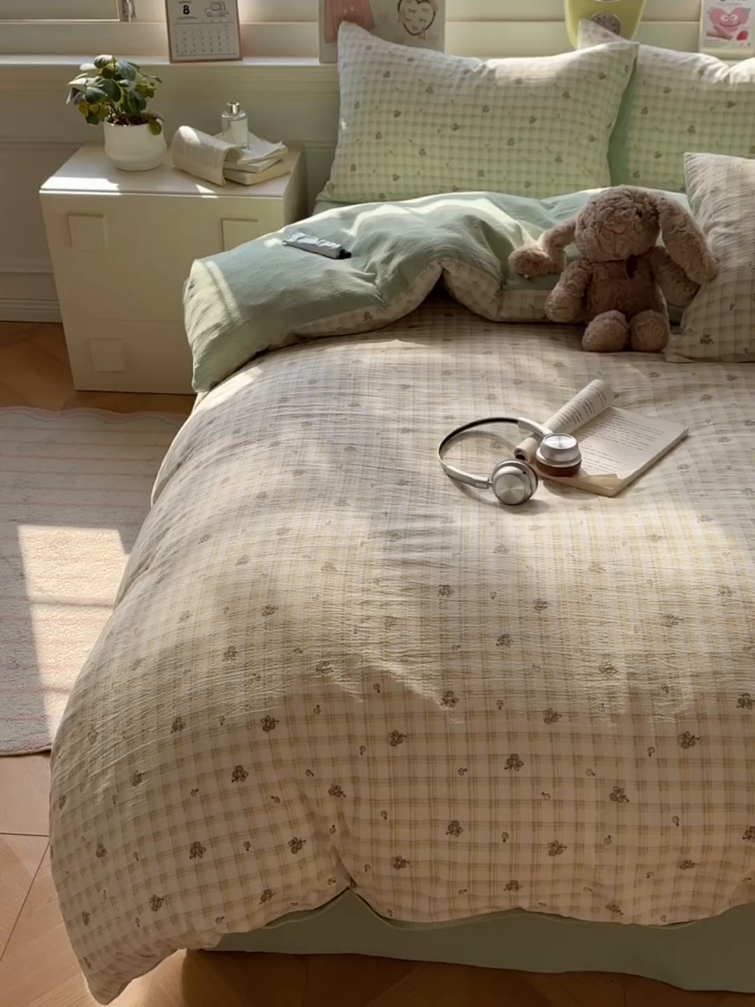 91家纺网 家纺一手货源 找家纺 柒月家居 2026新款云感皱皱纱小清新木棉四件套 左伊