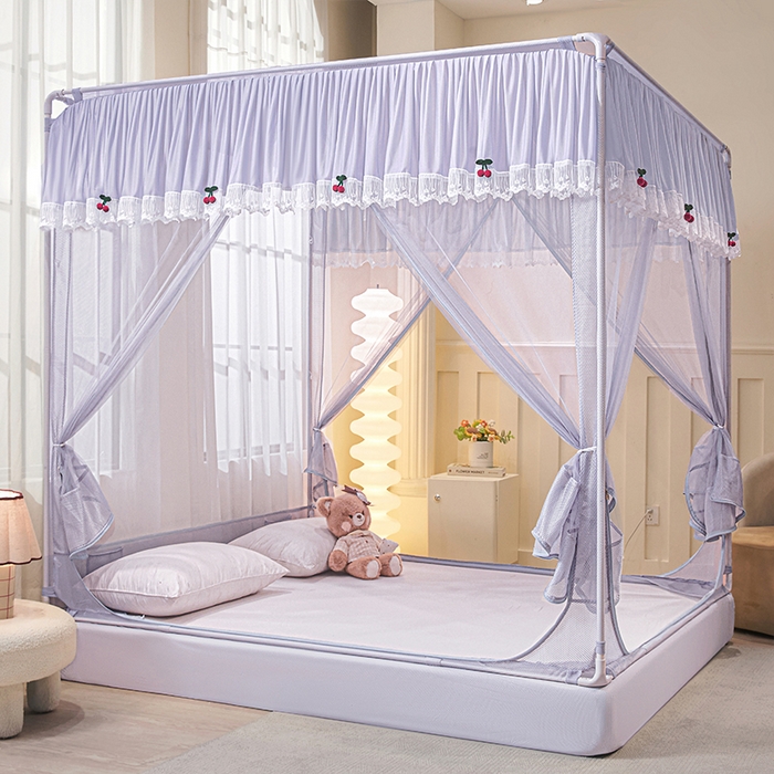 91家纺网 家纺一手货源 找家纺 雪姿家纺 2026新款T+U型刺绣花边床笠回底款三开门外穿坐床蚊帐-坐床樱桃 刺绣花边樱桃-烟岚紫灰