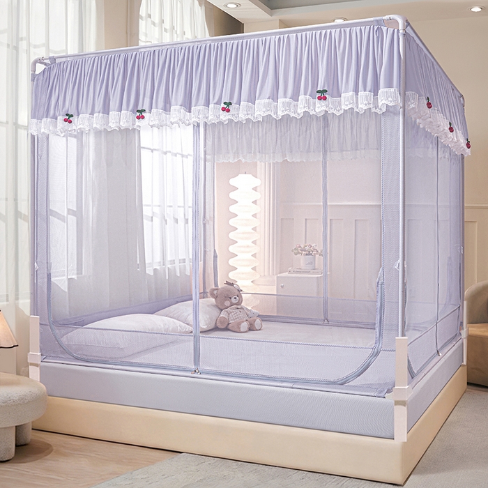 91家纺网 家纺一手货源 找家纺 雪姿家纺 2026新款T+U型刺绣花边床笠回底款三开门外穿坐床蚊帐-坐床樱桃 刺绣花边樱桃-烟岚紫灰