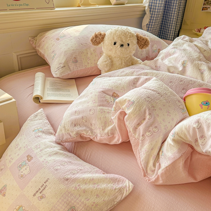 91家纺网 家纺一手货源 找家纺 柒月家居 2026新款云感皱皱纱小清新木棉四件套 拼格小猫