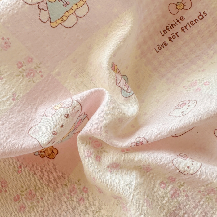 91家纺网 家纺一手货源 找家纺 柒月家居 2026新款云感皱皱纱小清新木棉四件套 拼格小猫