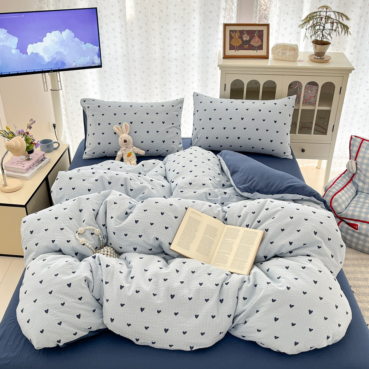 91家纺网 家纺一手货源 找家纺 瑞钰 2026新款直播热款高品质高克重泡泡纱泡芙纱四件套 蓝调心心