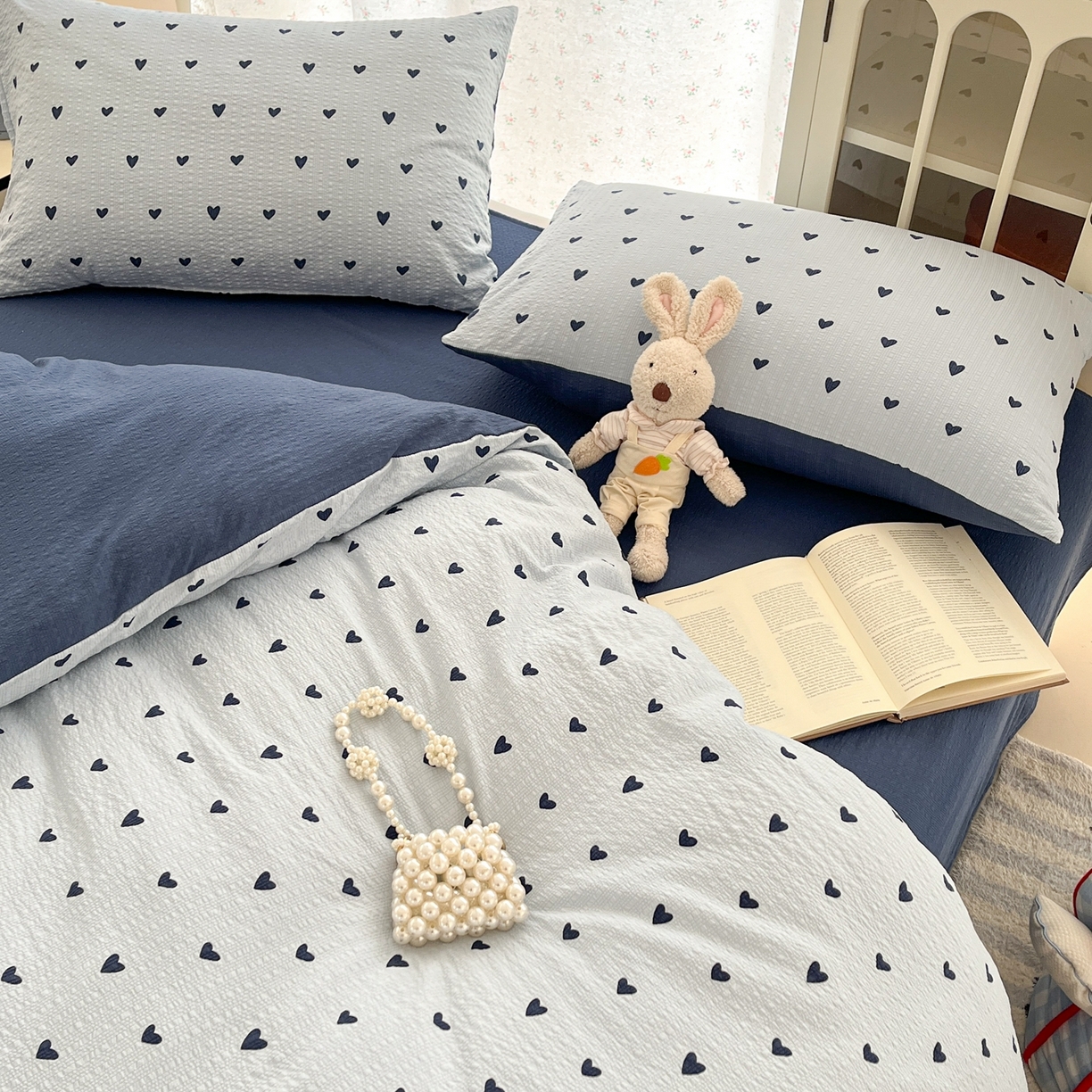 91家纺网 家纺一手货源 找家纺 瑞钰 2026新款直播热款高品质高克重泡泡纱泡芙纱四件套 蓝调心心