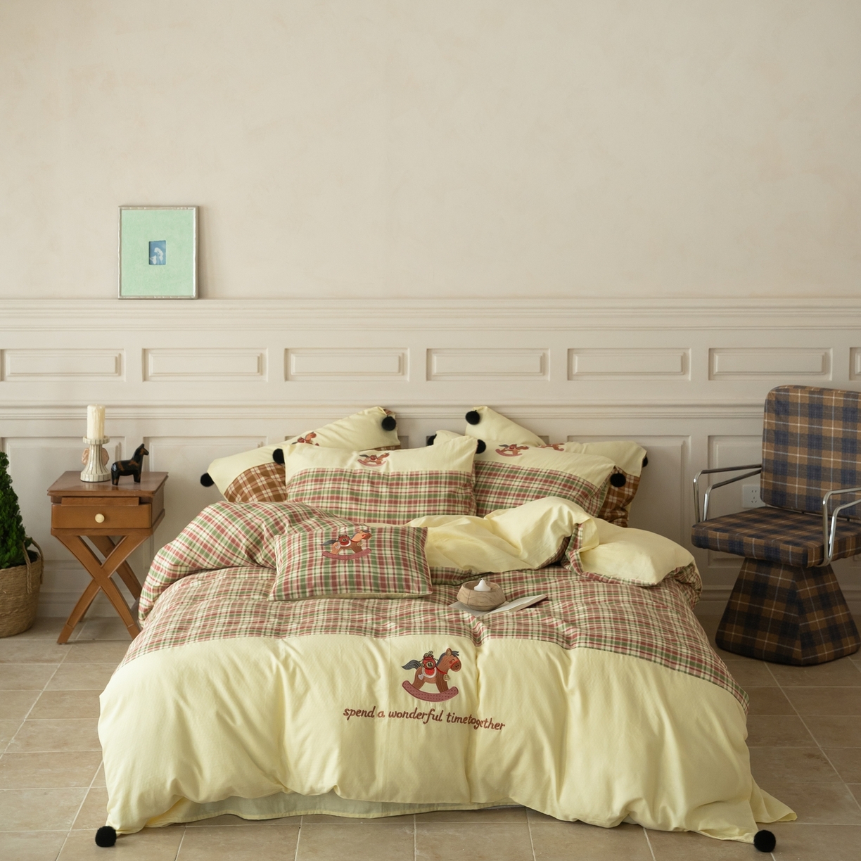 91家纺网 家纺一手货源 找家纺 优然居家纺 2026新款全棉双层纱刺绣四件套-马上有钱（控价260/328/348） 马上有钱-绿格