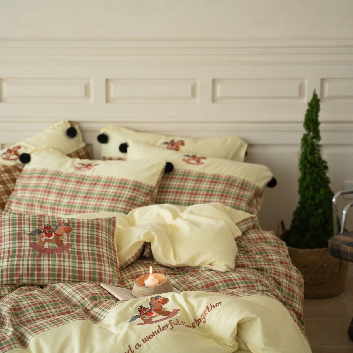 91家纺网 家纺一手货源 找家纺 优然居家纺 2026新款全棉双层纱刺绣四件套-马上有钱（控价260/328/348） 马上有钱-绿格