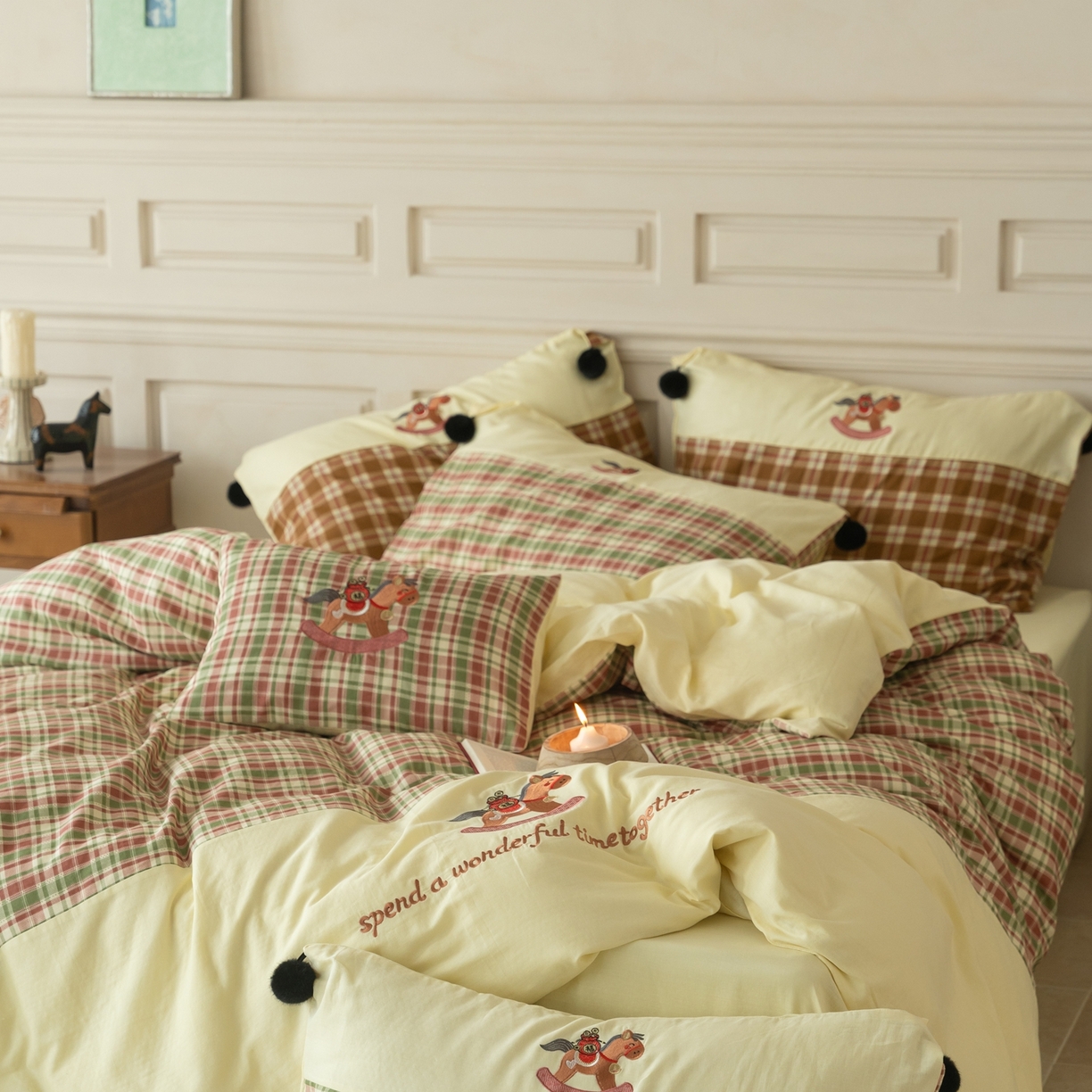 91家纺网 家纺一手货源 找家纺 优然居家纺 2026新款全棉双层纱刺绣四件套-马上有钱（控价260/328/348） 马上有钱-绿格