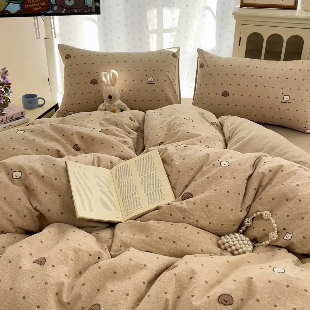 91家纺网 家纺一手货源 找家纺 瑞钰 2026新款直播热款高品质高克重泡泡纱泡芙纱四件套 猫狗心心