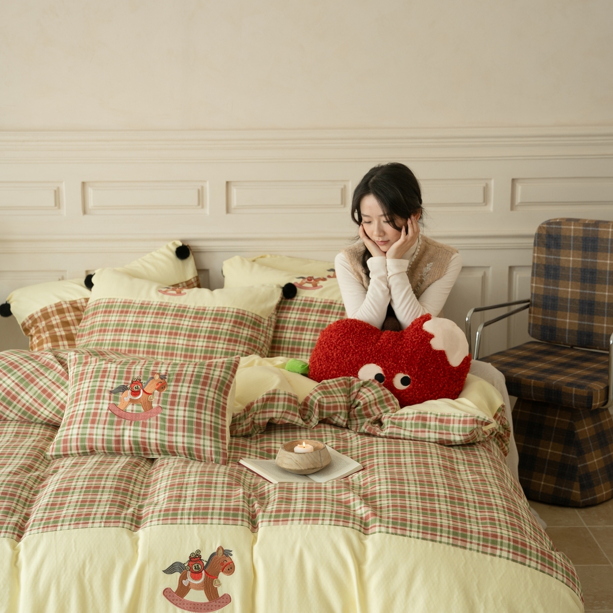 优然居家纺 2026新款全棉双层纱刺绣四件套-马上有钱（控价260/328/348） 马上有钱-绿格