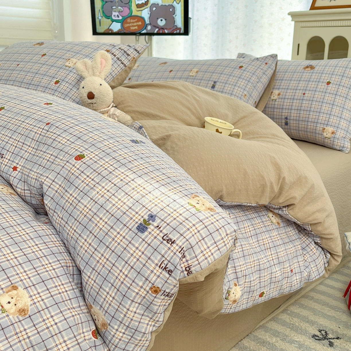 瑞钰 2026新款直播热款高品质高克重泡泡纱泡芙纱四件套 萌物多多