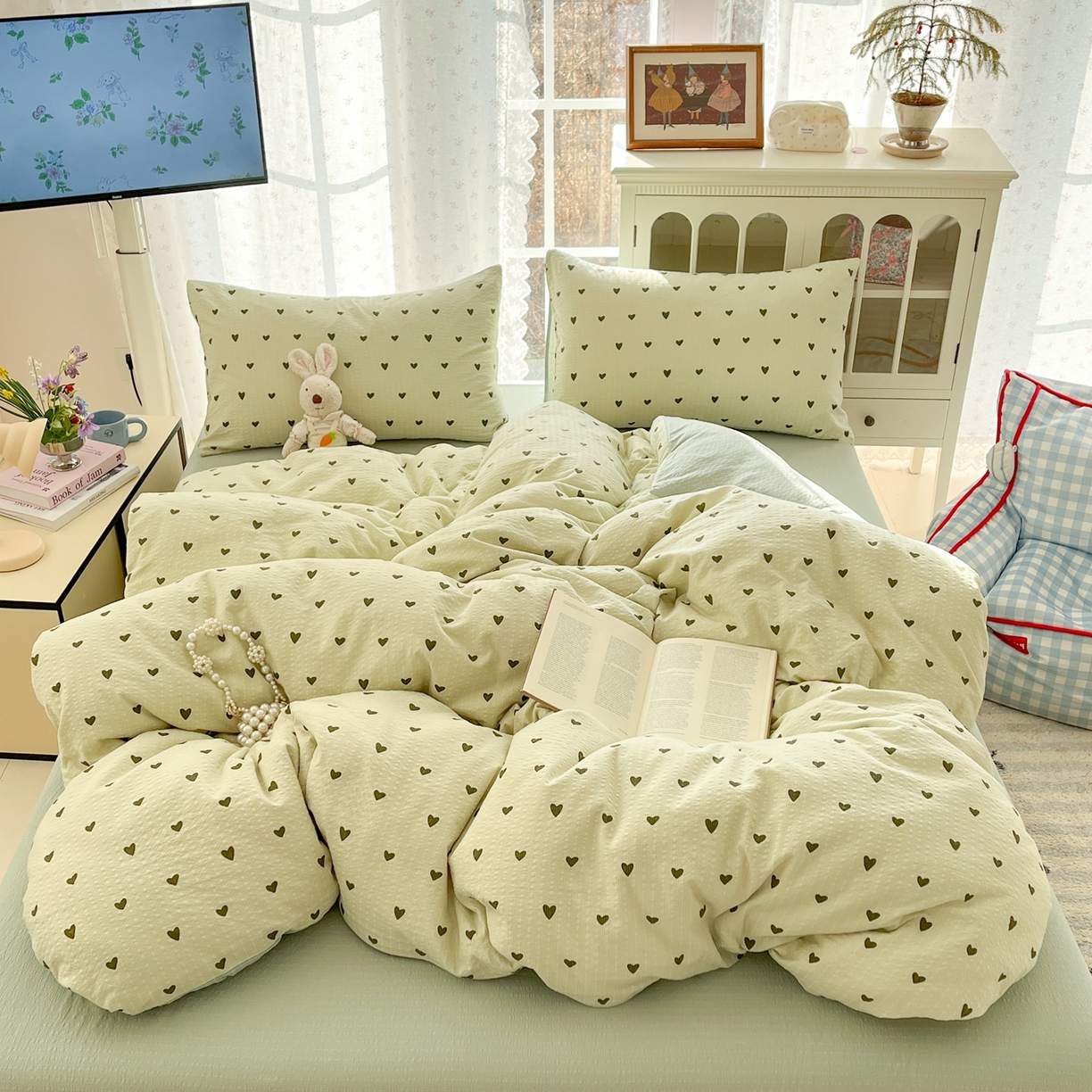 91家纺网 家纺一手货源 找家纺 瑞钰 2026新款直播热款高品质高克重泡泡纱泡芙纱四件套 抹茶爱心