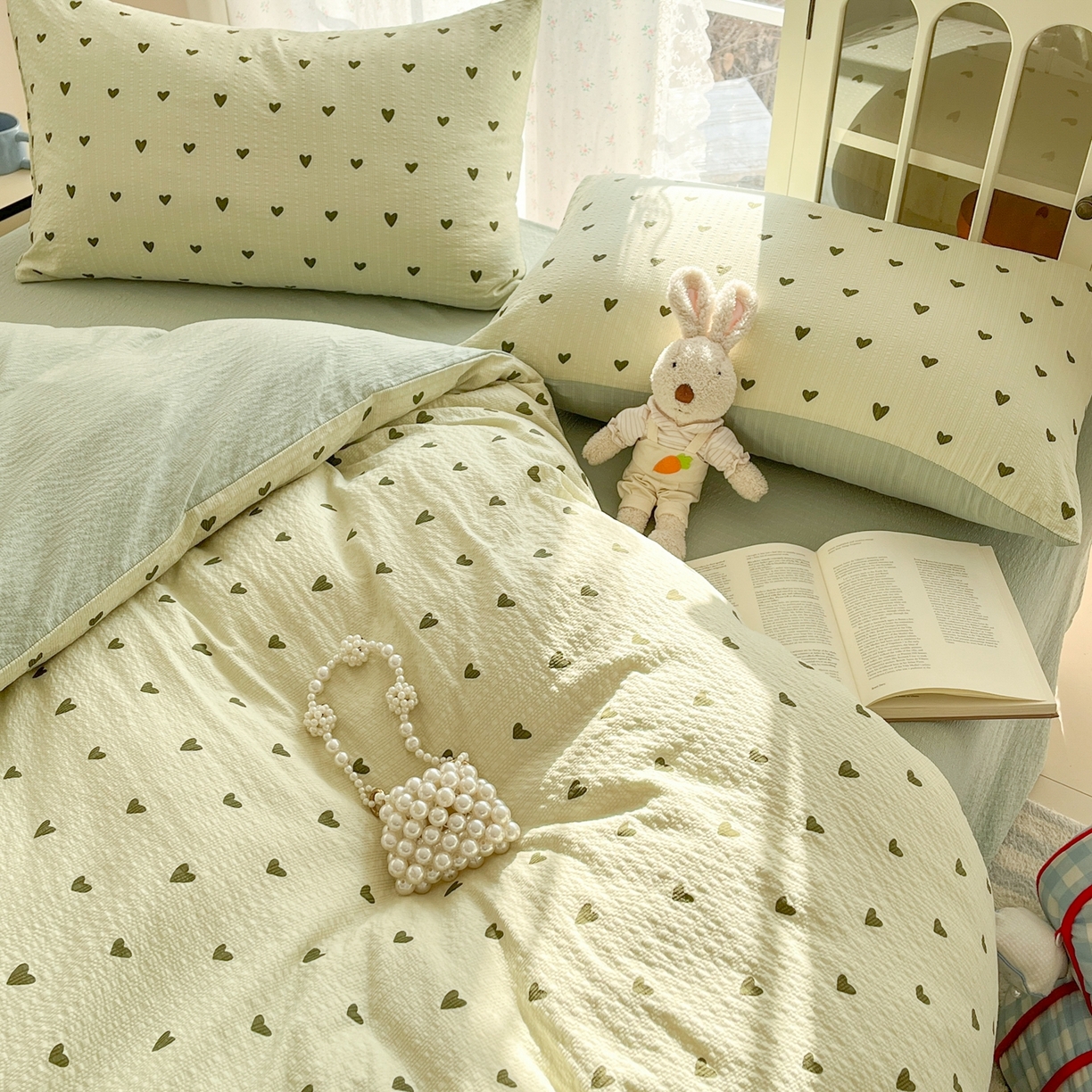 91家纺网 家纺一手货源 找家纺 瑞钰 2026新款直播热款高品质高克重泡泡纱泡芙纱四件套 抹茶爱心