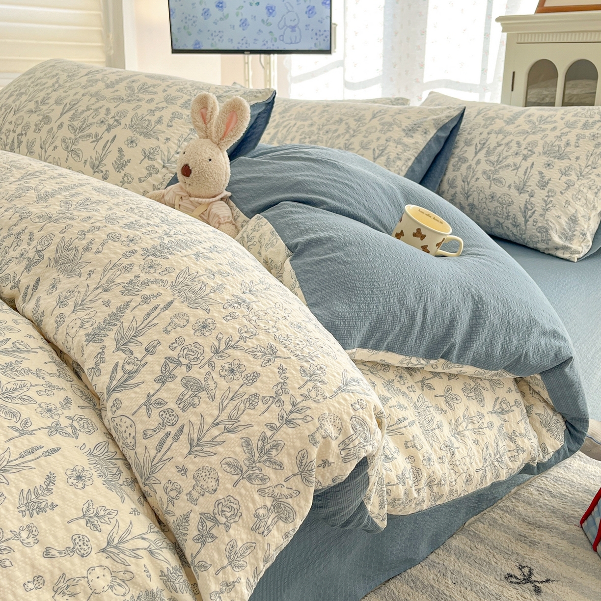 瑞钰 2026新款直播热款高品质高克重泡泡纱泡芙纱四件套 浅陌