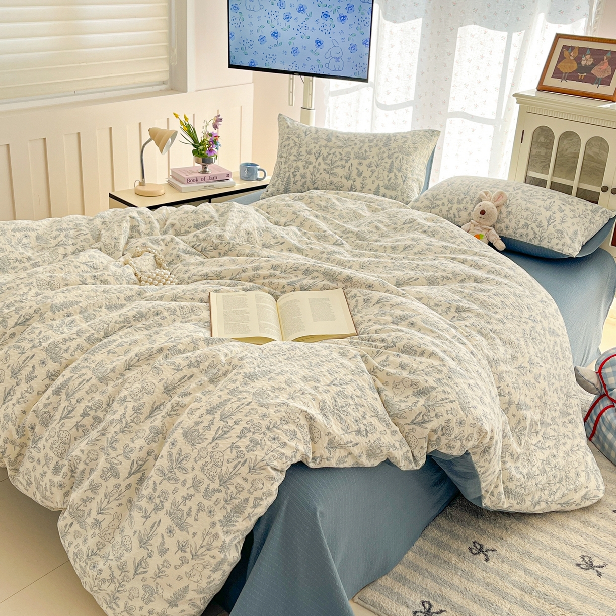 91家纺网 家纺一手货源 找家纺 瑞钰 2026新款直播热款高品质高克重泡泡纱泡芙纱四件套 浅陌