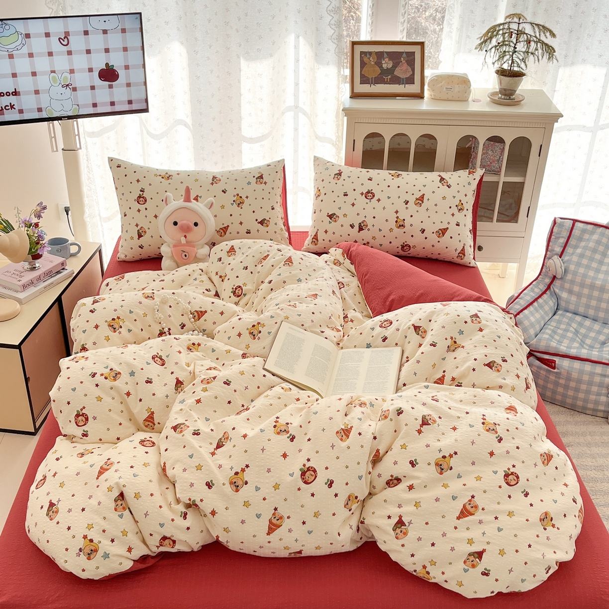 91家纺网 家纺一手货源 找家纺 瑞钰 2026新款直播热款高品质高克重泡泡纱泡芙纱四件套 童话小矮人