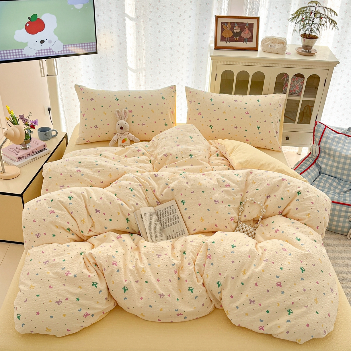 91家纺网 家纺一手货源 找家纺 瑞钰 2026新款直播热款高品质高克重泡泡纱泡芙纱四件套 童趣星空