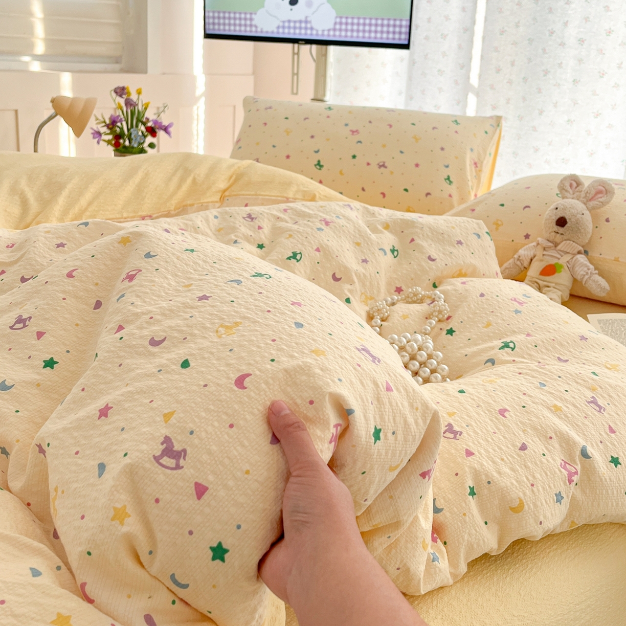 91家纺网 家纺一手货源 找家纺 瑞钰 2026新款直播热款高品质高克重泡泡纱泡芙纱四件套 童趣星空