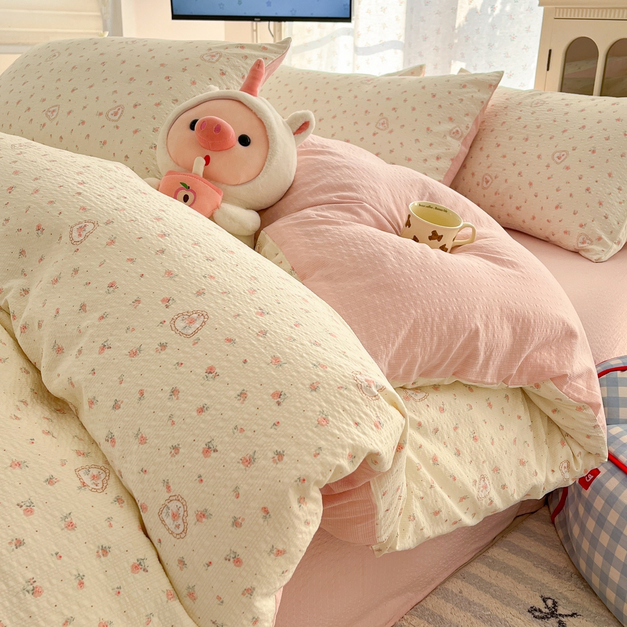 瑞钰 2026新款直播热款高品质高克重泡泡纱泡芙纱四件套 温柔小花