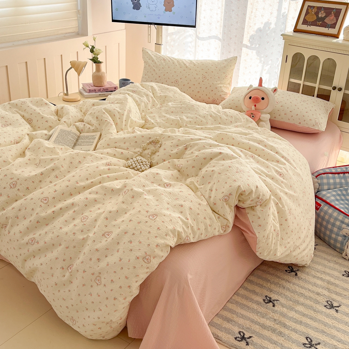 91家纺网 家纺一手货源 找家纺 瑞钰 2026新款直播热款高品质高克重泡泡纱泡芙纱四件套 温柔小花