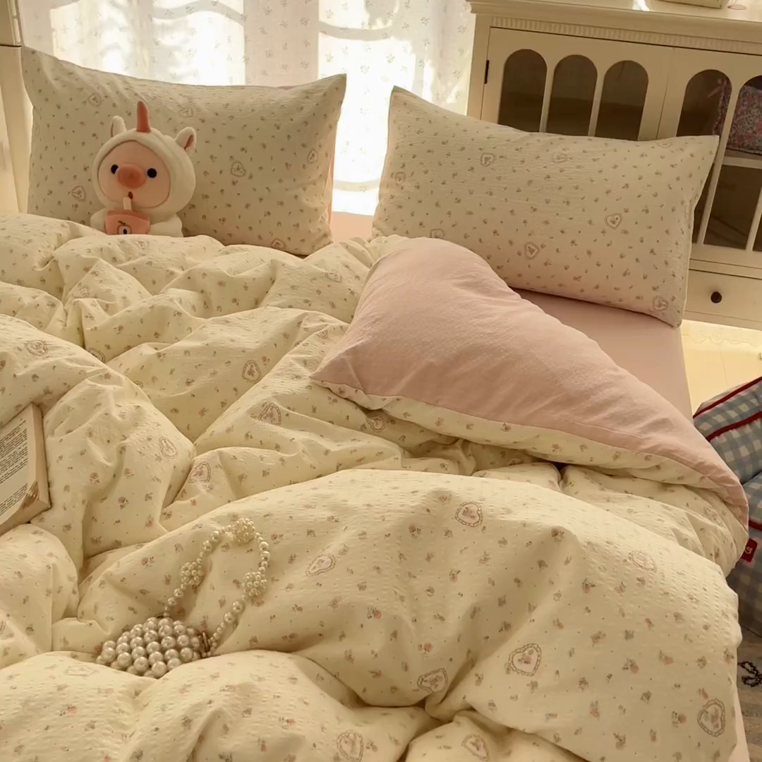 91家纺网 家纺一手货源 找家纺 瑞钰 2026新款直播热款高品质高克重泡泡纱泡芙纱四件套 温柔小花