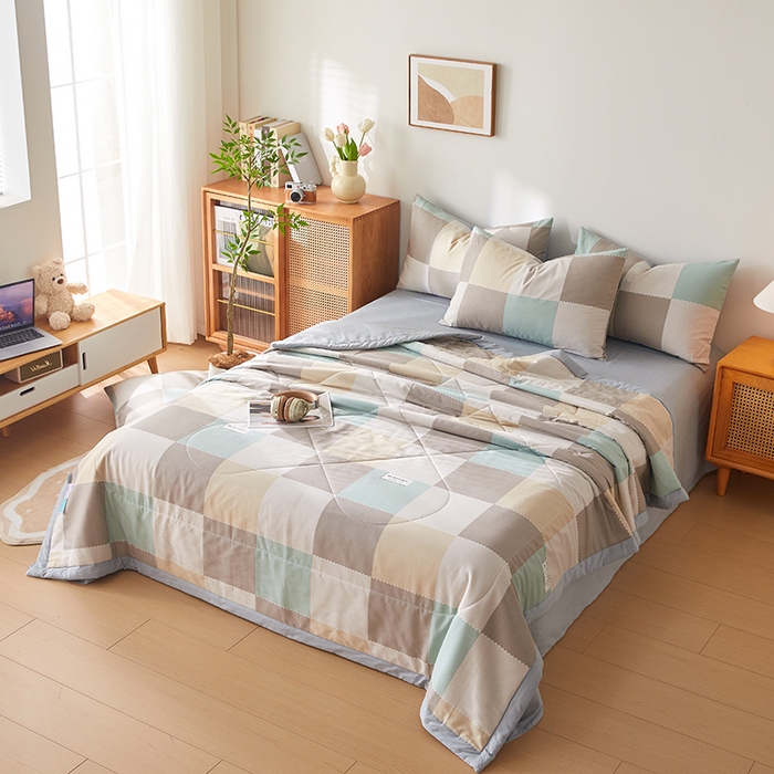 91家纺网 家纺一手货源 找家纺 海洋家纺 2026新款A类里外全棉棉花夏被-格子系列 风格二 宝利格 绿