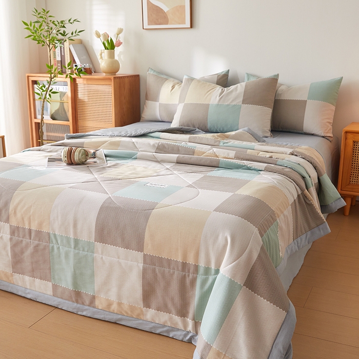 91家纺网 家纺一手货源 找家纺 海洋家纺 2026新款A类里外全棉棉花夏被-格子系列 风格二 宝利格 绿