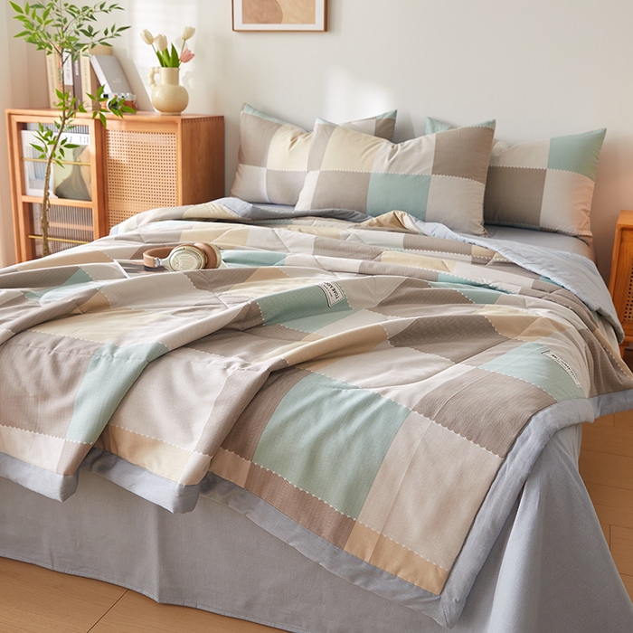 91家纺网 家纺一手货源 找家纺 海洋家纺 2026新款A类里外全棉棉花夏被-格子系列 风格二 宝利格 绿