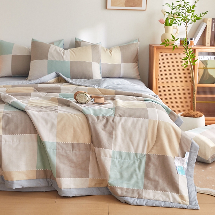 91家纺网 家纺一手货源 找家纺 海洋家纺 2026新款A类里外全棉棉花夏被-格子系列 风格二 宝利格 绿