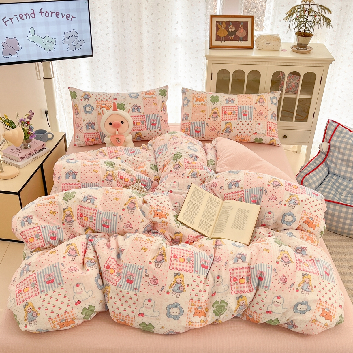 91家纺网 家纺一手货源 找家纺 瑞钰 2026新款直播热款高品质高克重泡泡纱泡芙纱四件套 小公主