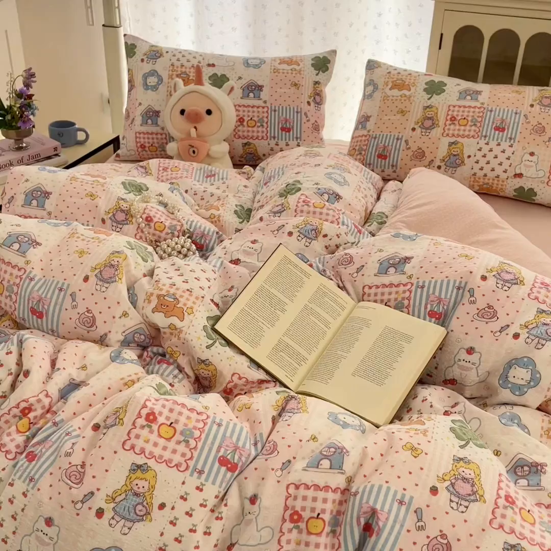 91家纺网 家纺一手货源 找家纺 瑞钰 2026新款直播热款高品质高克重泡泡纱泡芙纱四件套 小公主