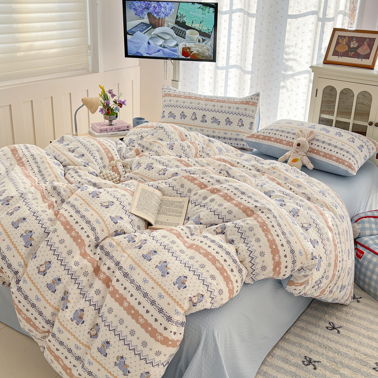 91家纺网 家纺一手货源 找家纺 瑞钰 2026新款直播热款高品质高克重泡泡纱泡芙纱四件套 小马驹