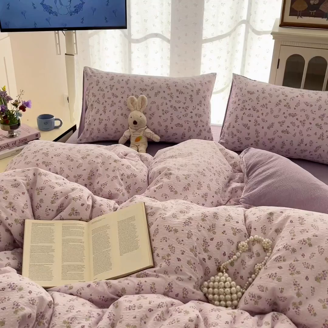 91家纺网 家纺一手货源 找家纺 瑞钰 2026新款直播热款高品质高克重泡泡纱泡芙纱四件套 小葡萄