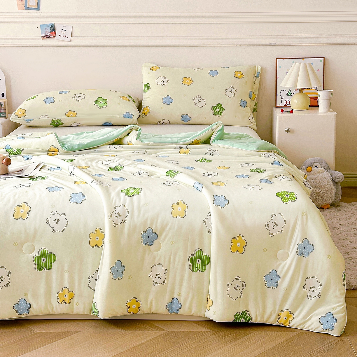 91家纺网 家纺一手货源 找家纺 悦织语 2026新款凉感丝（含氨纶）双面凉感冰丝夏凉被空调被 花花熊