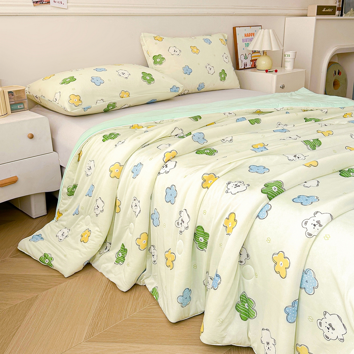 91家纺网 家纺一手货源 找家纺 悦织语 2026新款凉感丝（含氨纶）双面凉感冰丝夏凉被空调被 花花熊