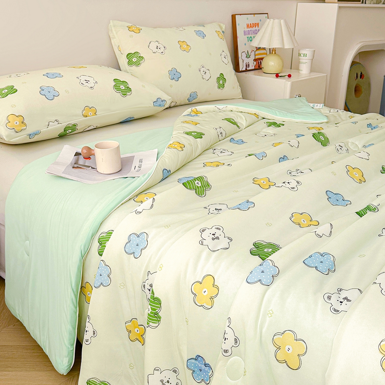 91家纺网 家纺一手货源 找家纺 悦织语 2026新款凉感丝（含氨纶）双面凉感冰丝夏凉被空调被 花花熊