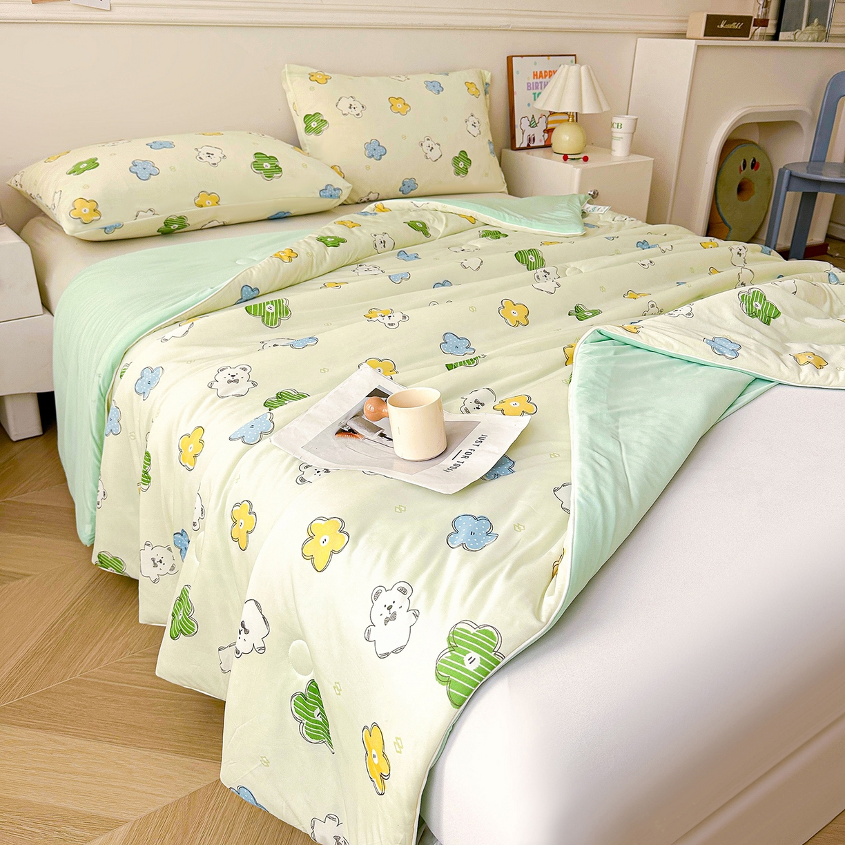 91家纺网 家纺一手货源 找家纺 悦织语 2026新款凉感丝（含氨纶）双面凉感冰丝夏凉被空调被 花花熊