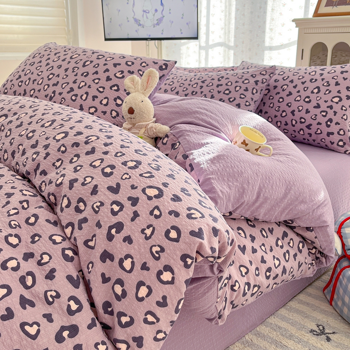 瑞钰 2026新款直播热款高品质高克重泡泡纱泡芙纱四件套 紫豹纹