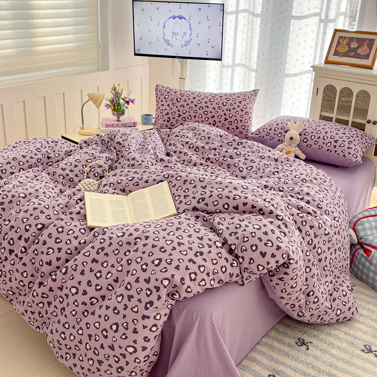 91家纺网 家纺一手货源 找家纺 瑞钰 2026新款直播热款高品质高克重泡泡纱泡芙纱四件套 紫豹纹