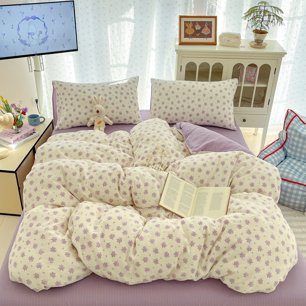 91家纺网 家纺一手货源 找家纺 瑞钰 2026新款直播热款高品质高克重泡泡纱泡芙纱四件套 紫色小花