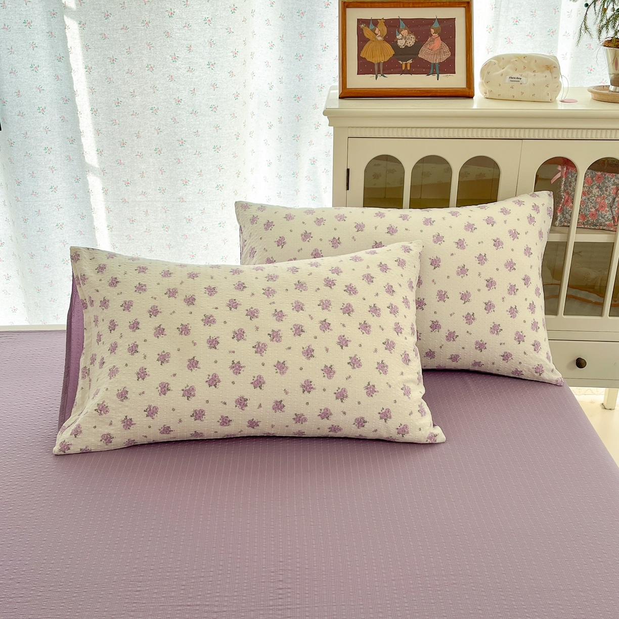 91家纺网 家纺一手货源 找家纺 瑞钰 2026新款直播热款高品质高克重泡泡纱泡芙纱四件套 紫色小花