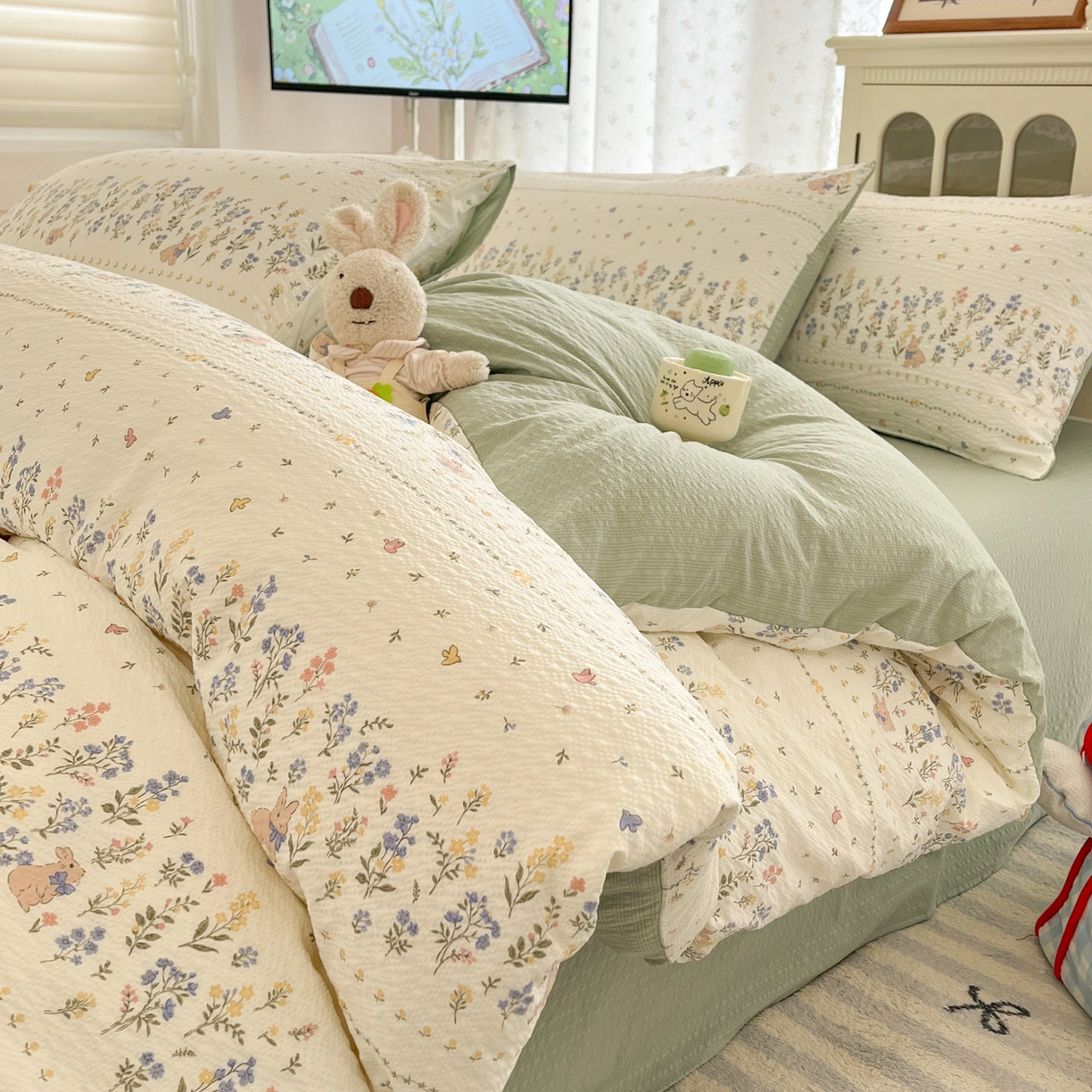 瑞钰 2026新款直播热款高品质高克重泡泡纱泡芙纱四件套 春天