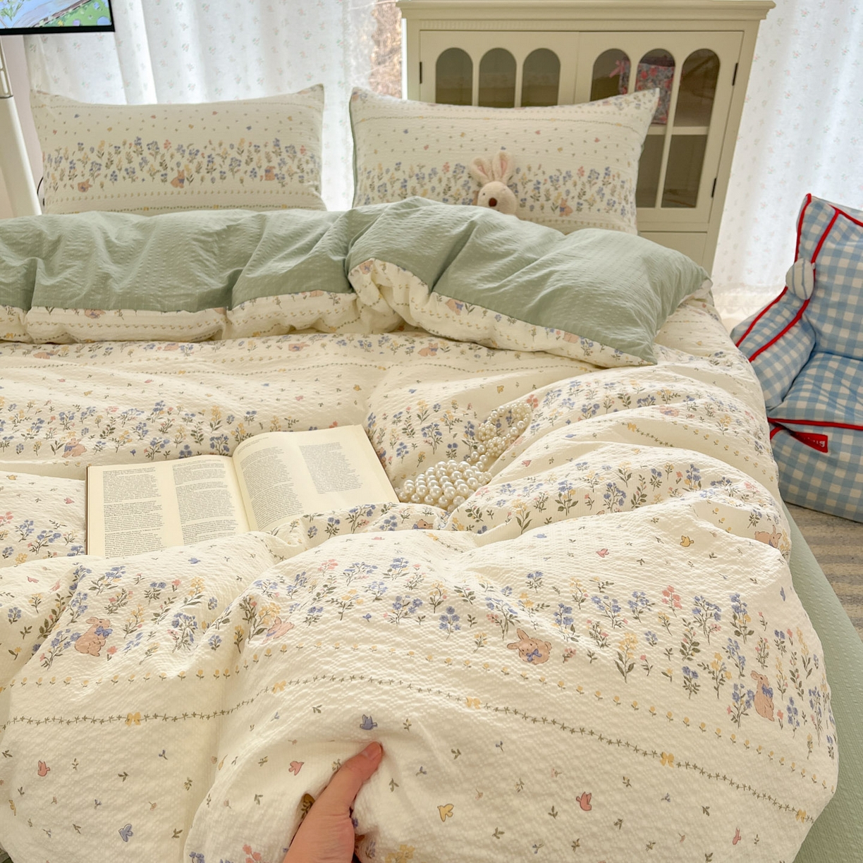 91家纺网 家纺一手货源 找家纺 瑞钰 2026新款直播热款高品质高克重泡泡纱泡芙纱四件套 春天