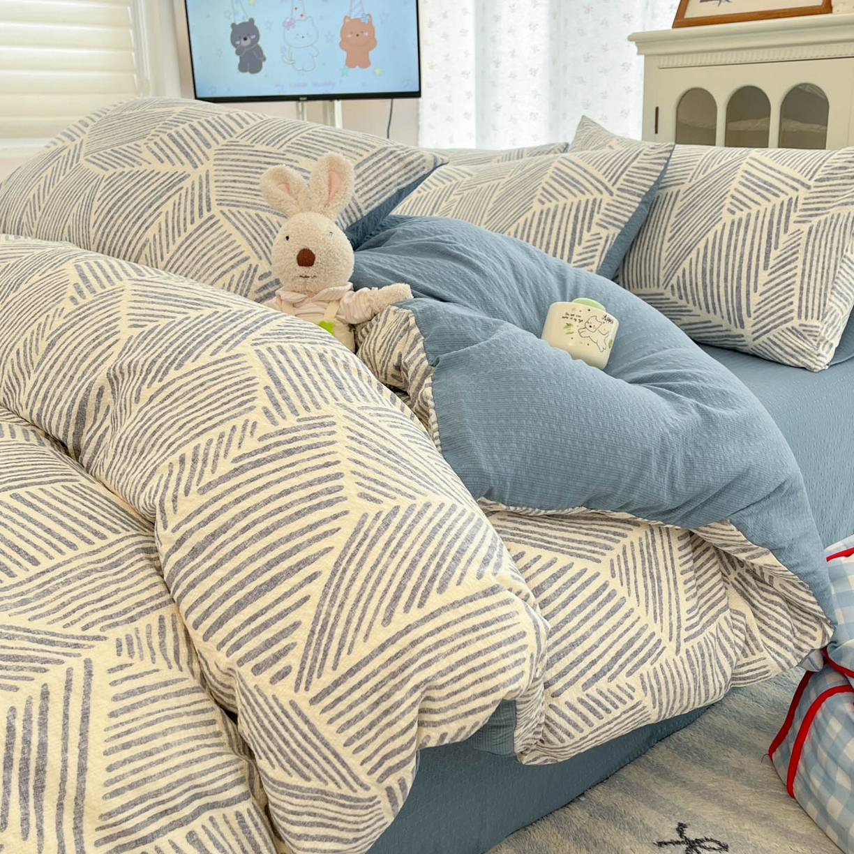 瑞钰 2026新款直播热款高品质高克重泡泡纱泡芙纱四件套 格纹线条