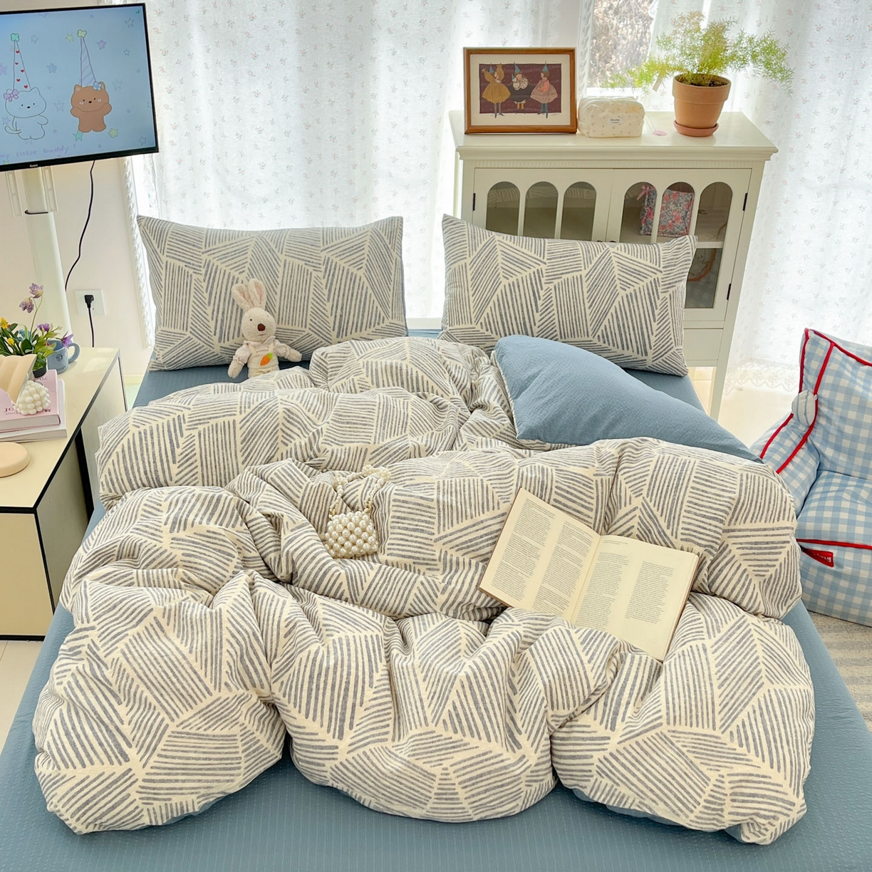 91家纺网 家纺一手货源 找家纺 瑞钰 2026新款直播热款高品质高克重泡泡纱泡芙纱四件套 格纹线条