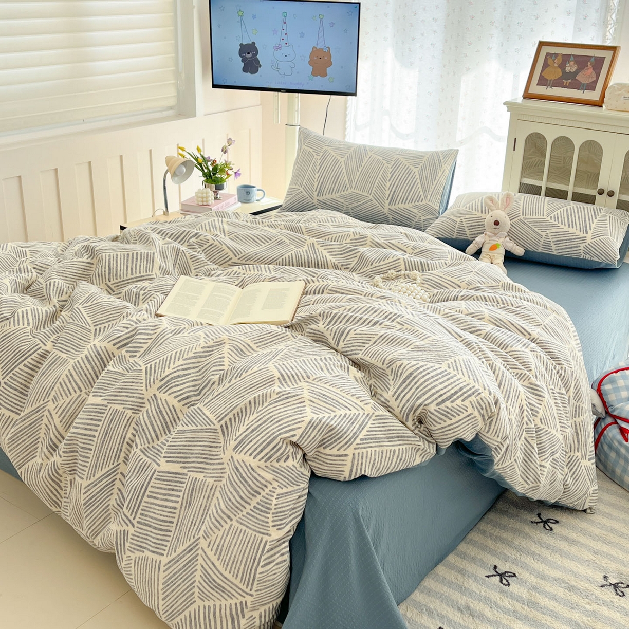 91家纺网 家纺一手货源 找家纺 瑞钰 2026新款直播热款高品质高克重泡泡纱泡芙纱四件套 格纹线条