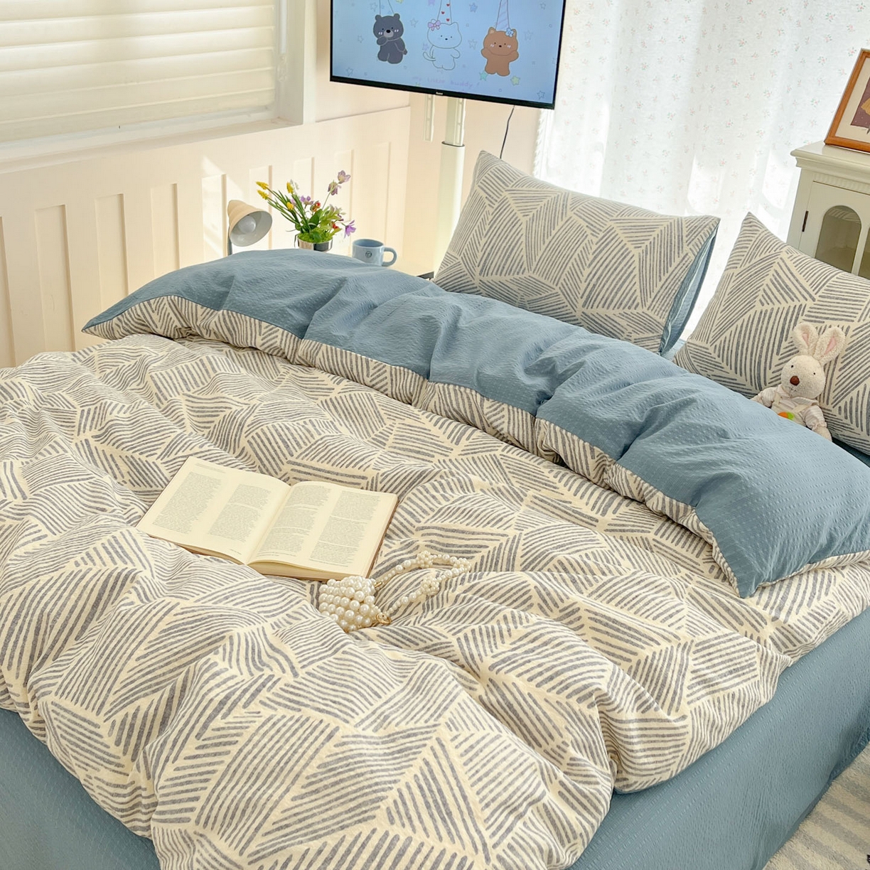 91家纺网 家纺一手货源 找家纺 瑞钰 2026新款直播热款高品质高克重泡泡纱泡芙纱四件套 格纹线条