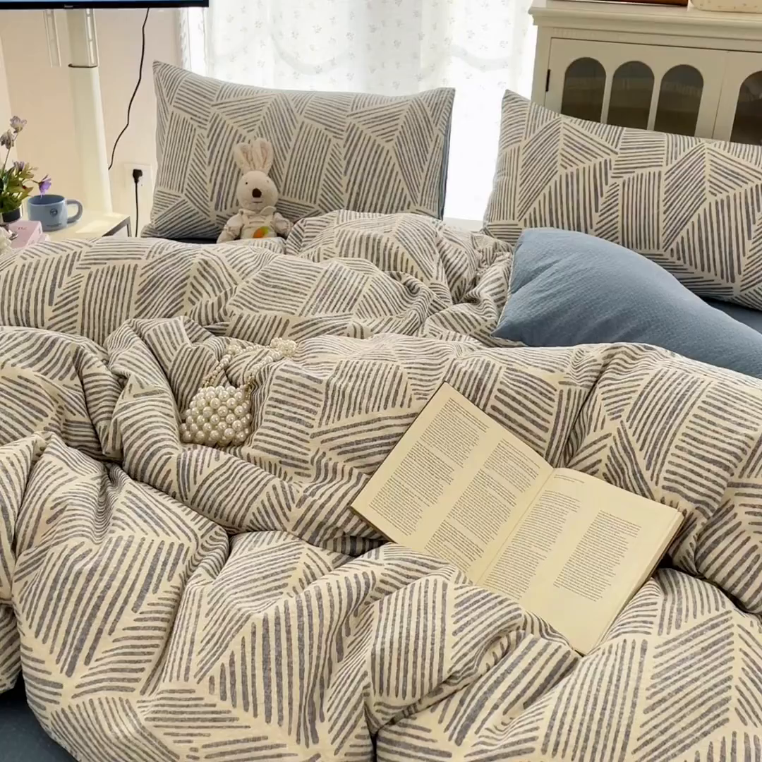 91家纺网 家纺一手货源 找家纺 瑞钰 2026新款直播热款高品质高克重泡泡纱泡芙纱四件套 格纹线条