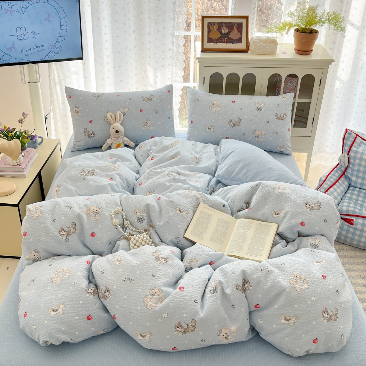 91家纺网 家纺一手货源 找家纺 瑞钰 2026新款直播热款高品质高克重泡泡纱泡芙纱四件套 猫咪蓝