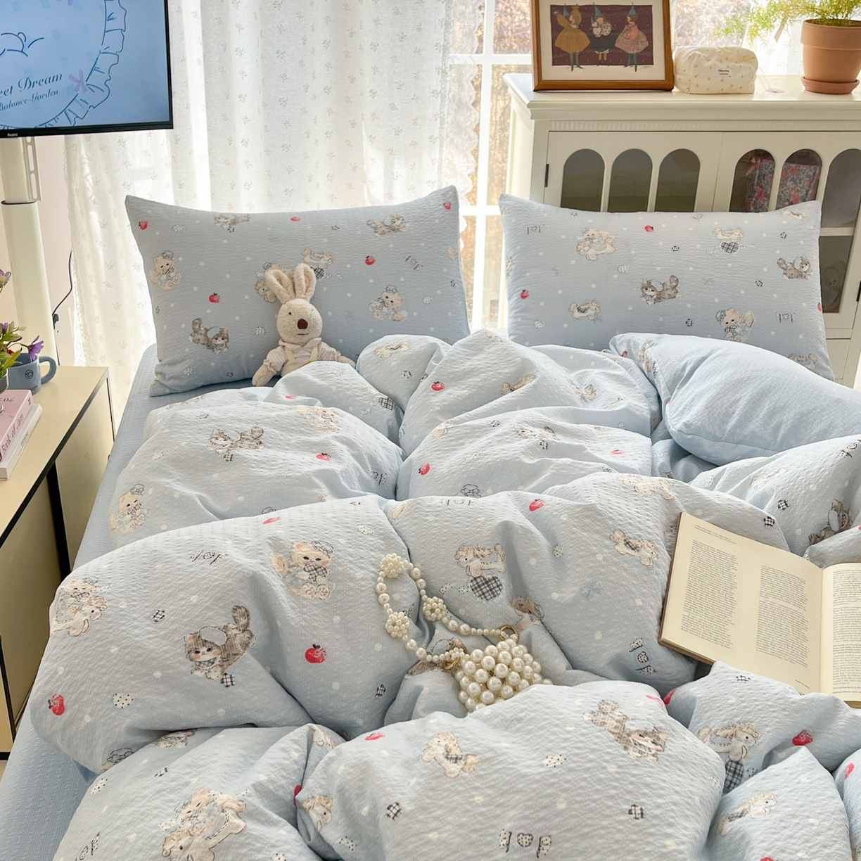 91家纺网 家纺一手货源 找家纺 瑞钰 2026新款直播热款高品质高克重泡泡纱泡芙纱四件套 猫咪蓝