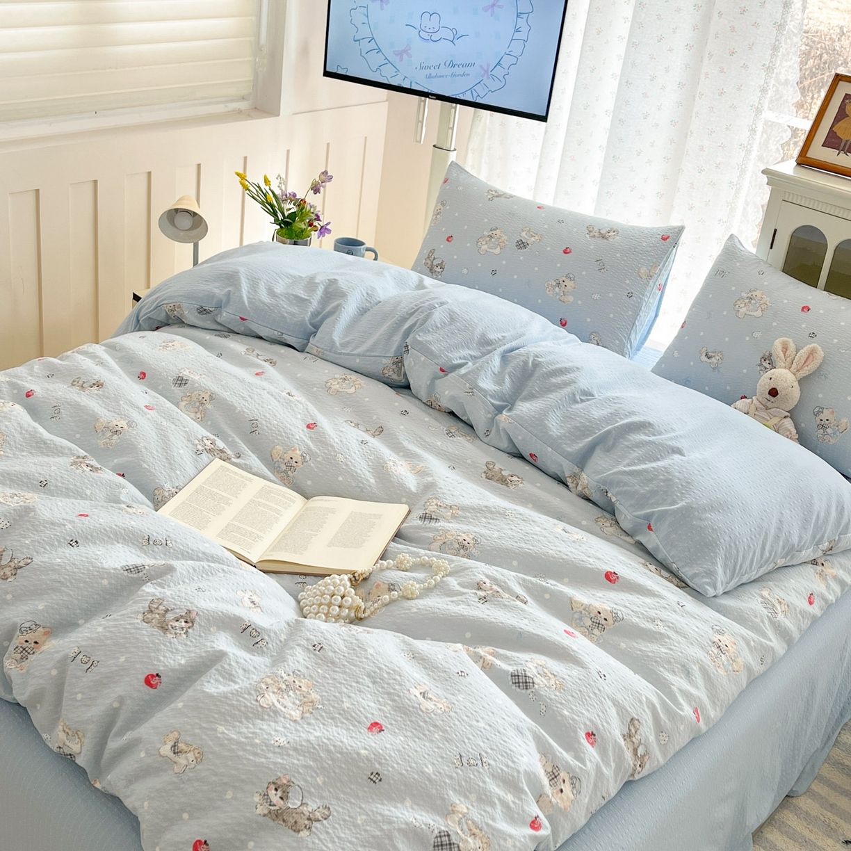 91家纺网 家纺一手货源 找家纺 瑞钰 2026新款直播热款高品质高克重泡泡纱泡芙纱四件套 猫咪蓝