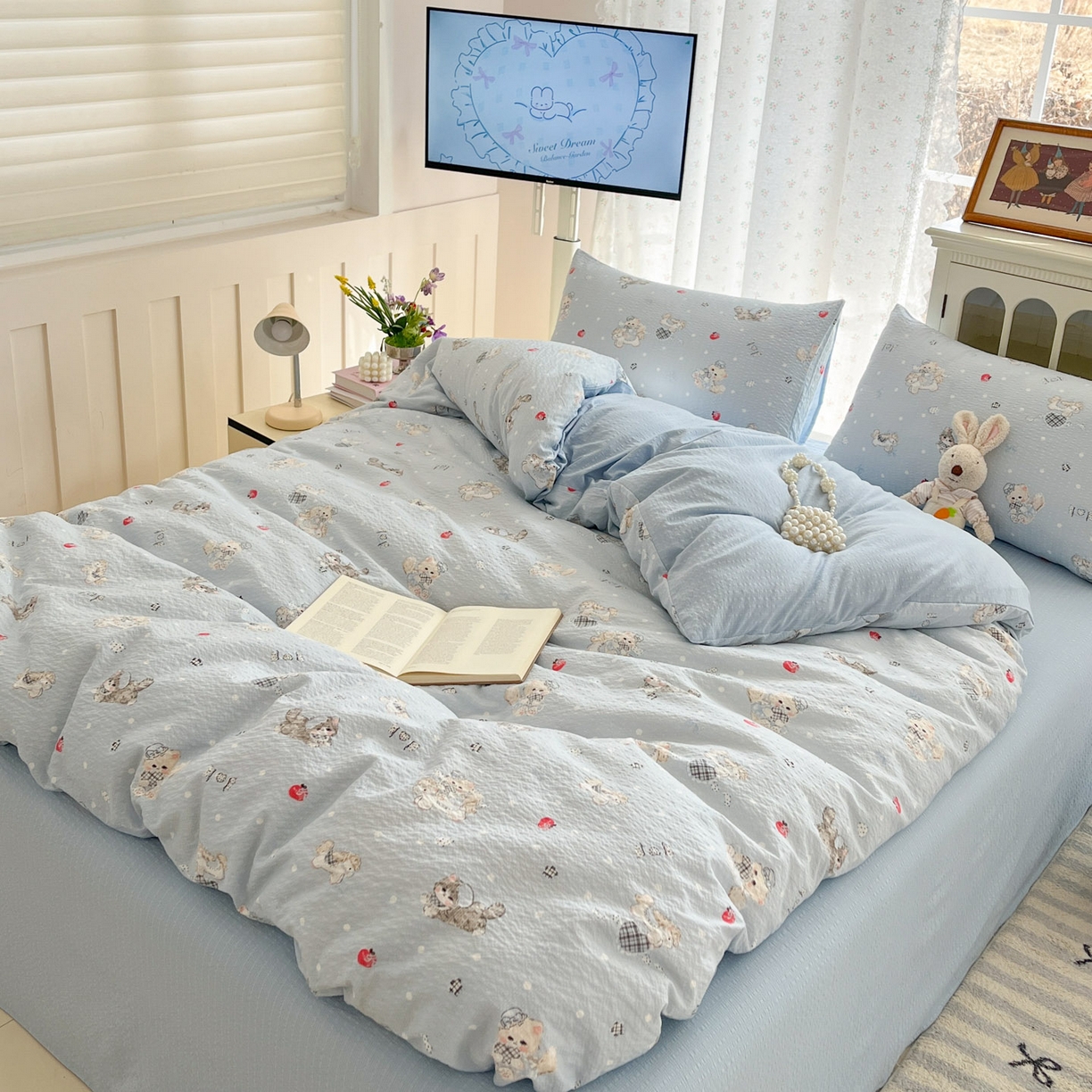 91家纺网 家纺一手货源 找家纺 瑞钰 2026新款直播热款高品质高克重泡泡纱泡芙纱四件套 猫咪蓝